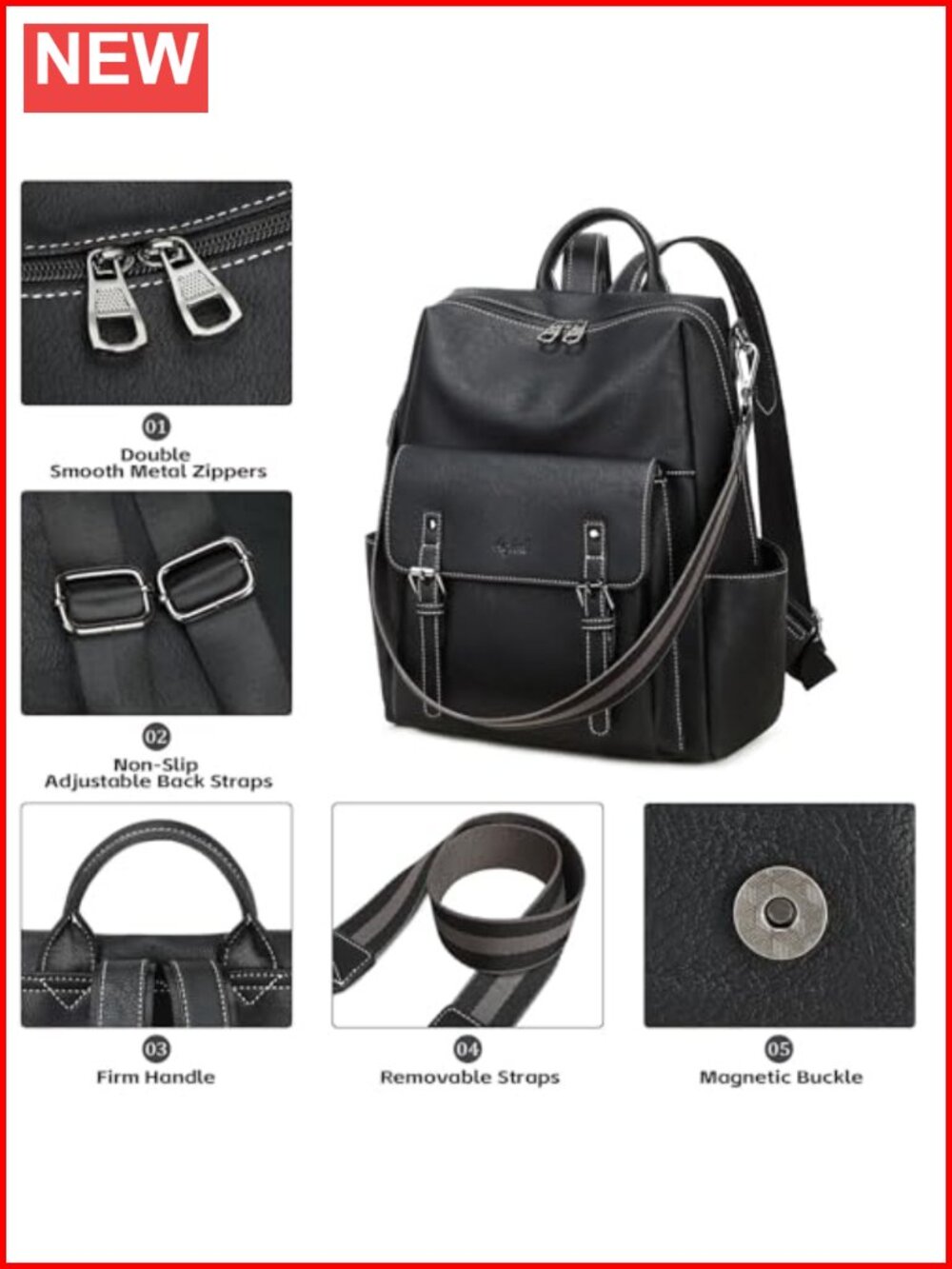 Ladies PU Leather Backpack Purse with Laptop Compartment, Shoulder Handbag - Picture 4 of 5
